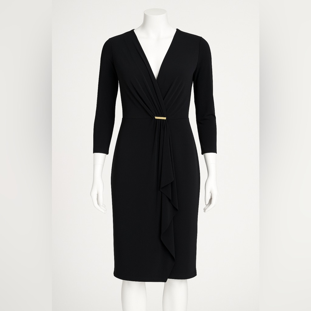 Charter Club Black Wrap Midi Dress Medium Ruched Waist Gold Bar Detail NWT Sz M